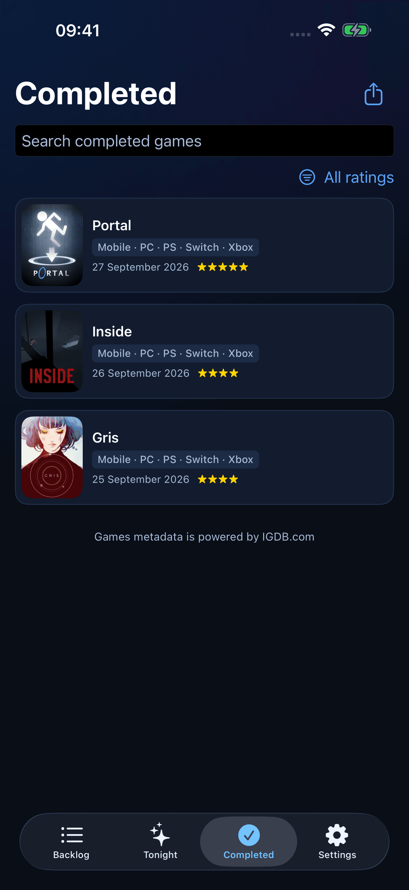 Completed games with personal ratings
